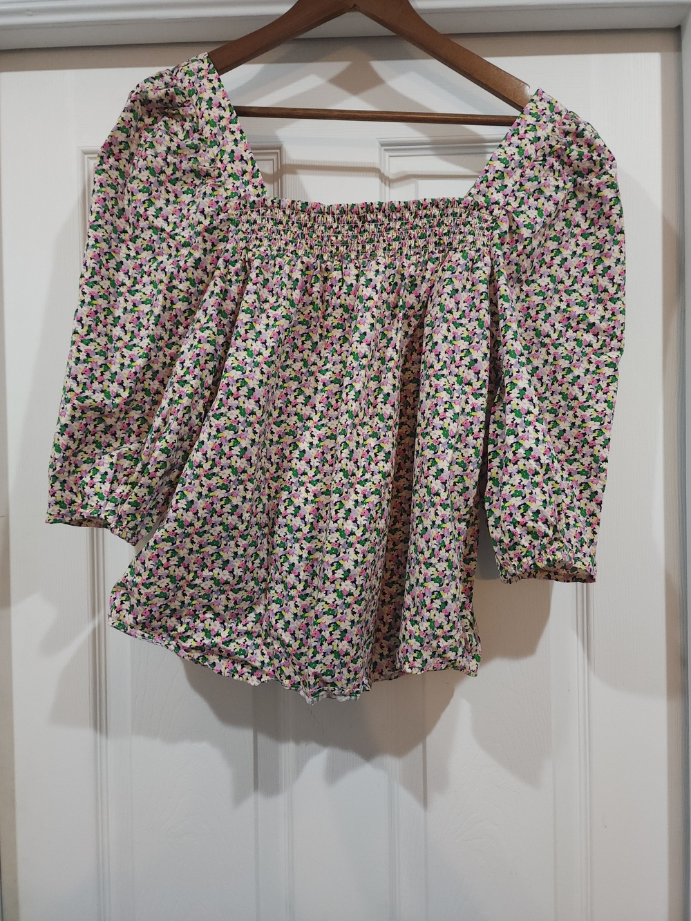 H&M Pink Multi Floral Smocked Square-Neck Peasant Top